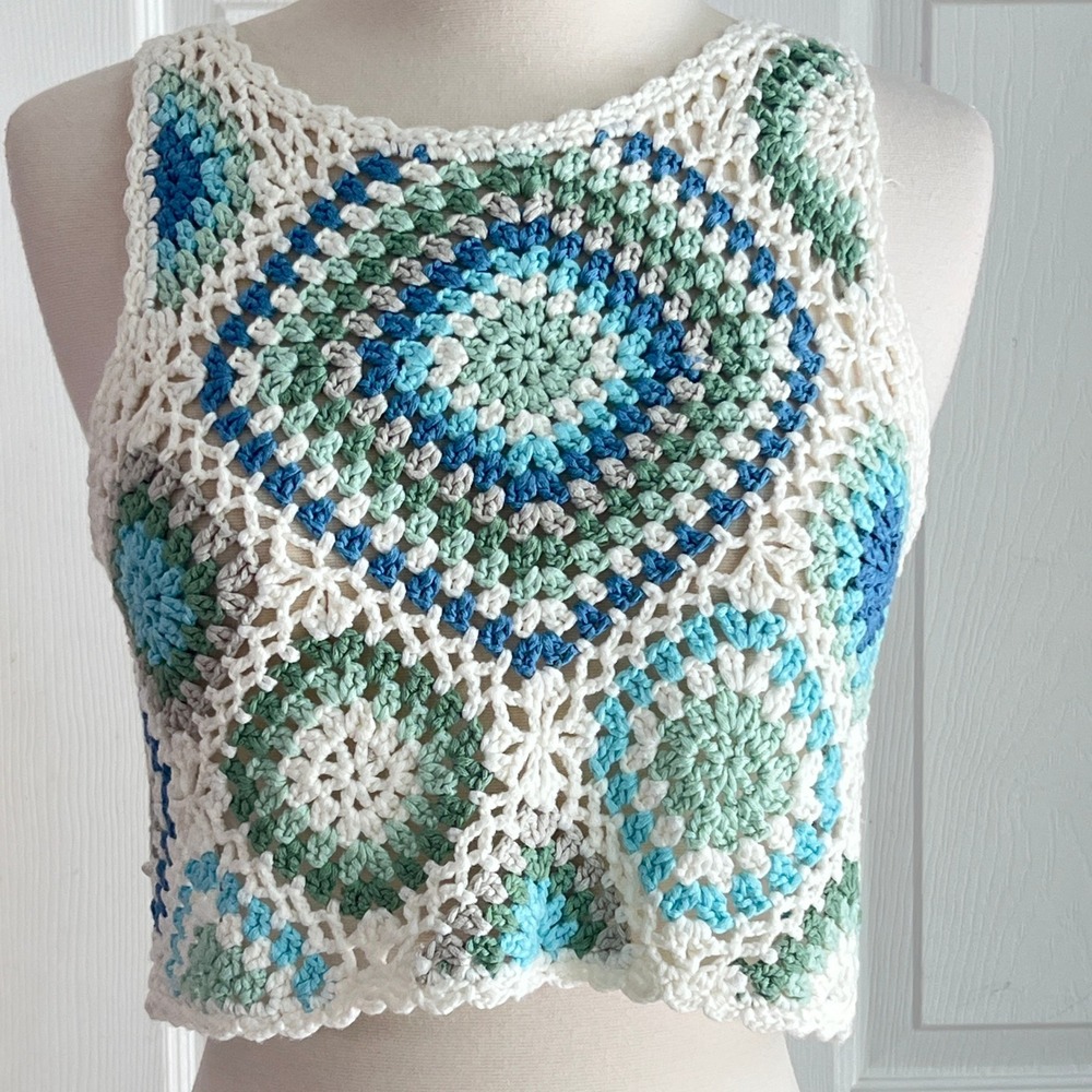 Crochet Crop Tank Top Sz S Women Altar'd State Boho‎ Granny Pastel White - Picture 2 of 9